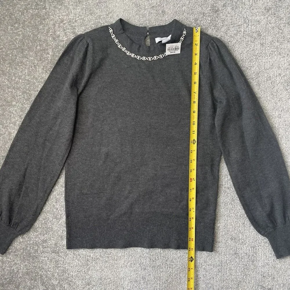 Liz Claiborne Sweater Womens XS Grey Crystal Pearl Detail Soft Knit Top NEW - Picture 8 of 9